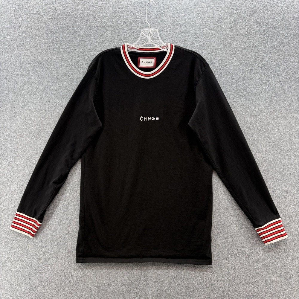 CHNGE Shirt Men Small Black Slim Long Sleeve Ringer Crewneck Organic Cotton Logo